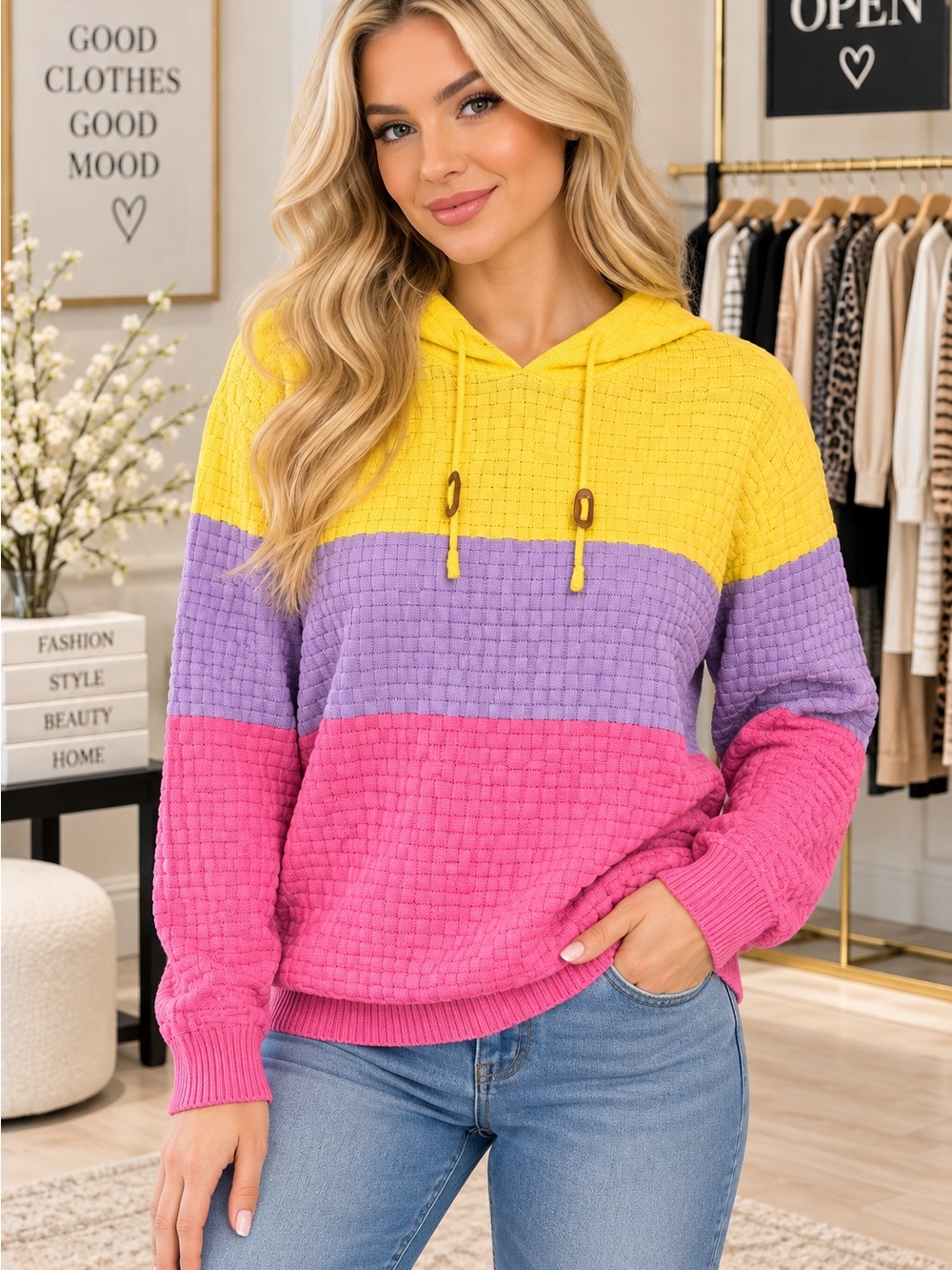 Colorblock Waffle-Knit Hoodie - Yellow, Purple & Pink NWOT